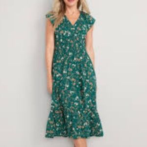 Old Navy Waist Defined Flutter Sleeve Smocked Green Floral Midi Dress Size XXL